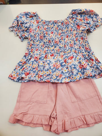 Eleanor Blue Floral Blouse+ Pink Shorts