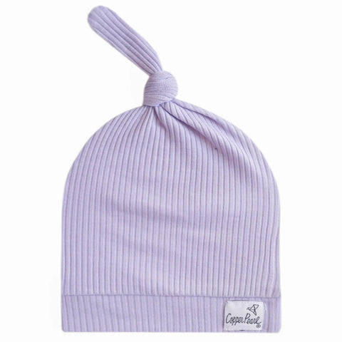 Copper Pearl Periwinkle Rib Knit Top Knot Hat