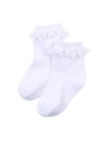 RuffleButts + RuggedButts - Girls 3-Pack White Lace Ruffle Frilly Ankle Socks: White