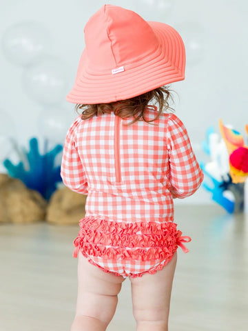 Coral Gingham One Piece Rash Guard Swimsuit