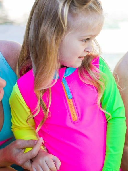 Neon Color Block Long Sleeve Zipper Rash Guard 2 pc.