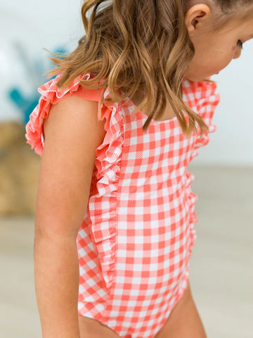 Coral Gingham Waterfall One Piece Swimsuit