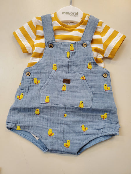 Chick Embroidered Overalls + Stripe Shirt