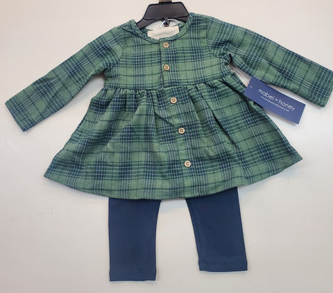 Green/Navy Plaid Flannel Dress + Navy Leggings