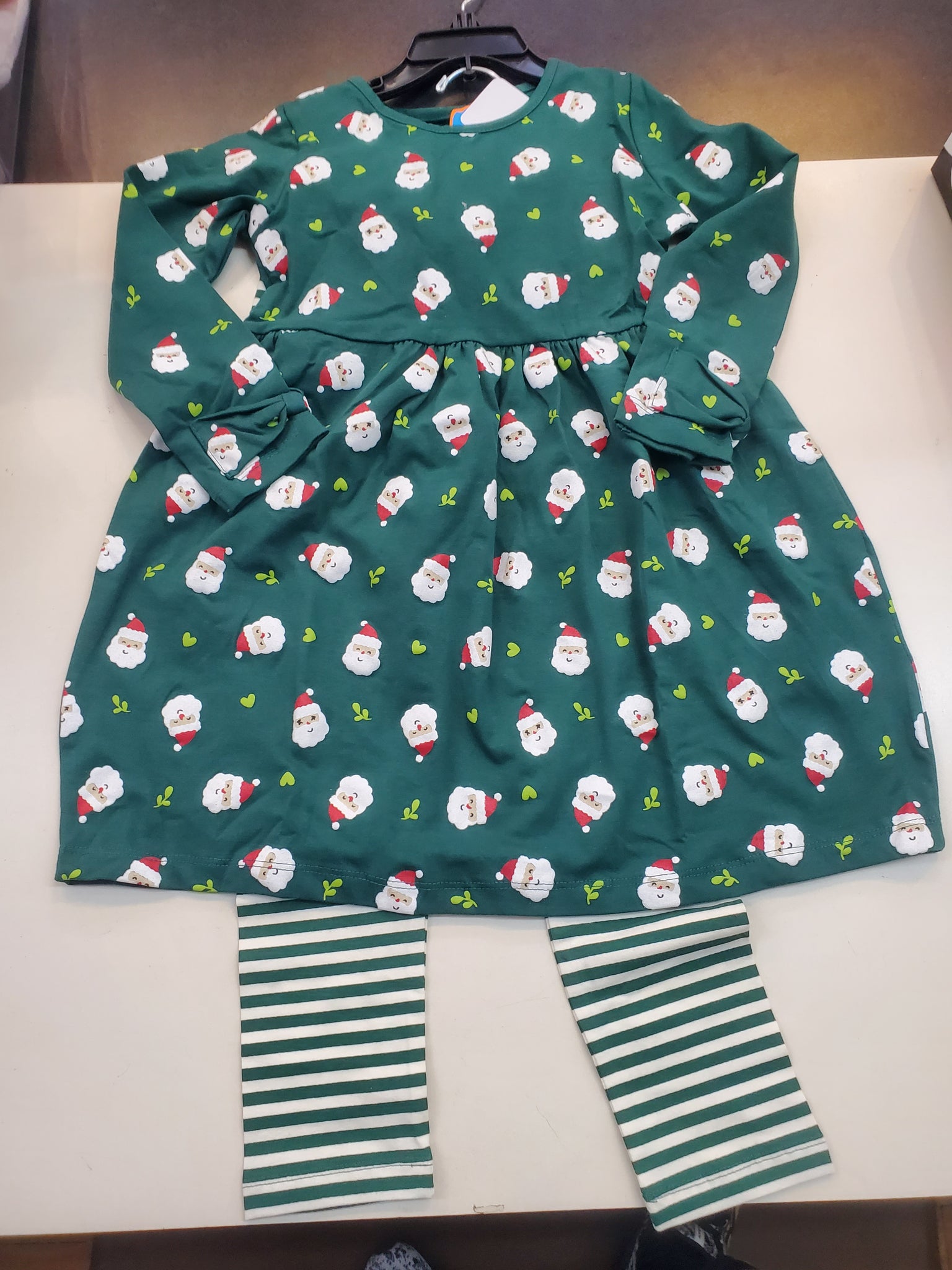 Emerald Santa Print Dress + Leggings