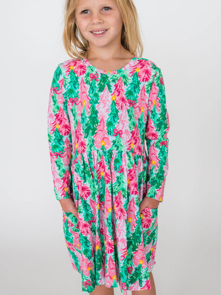 RuffleButts + RuggedButts - Girls Pink Jolly Grove Knit Long Sleeve Twirl Dress
: Pink / 4T