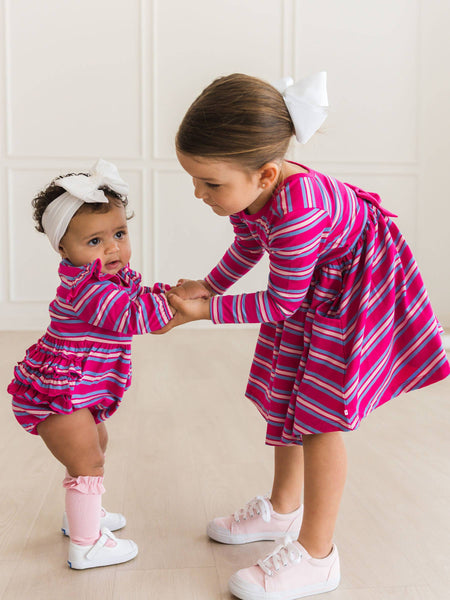 RuffleButts + RuggedButts - Girls Very Berry & Periwinkle Stripe, Pink, and White 3-Pack Knee High Ruffle Socks: Multi-Color