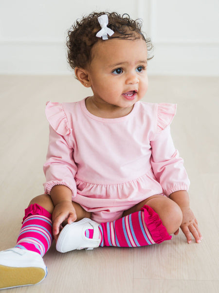 RuffleButts + RuggedButts - Girls Very Berry & Periwinkle Stripe, Pink, and White 3-Pack Knee High Ruffle Socks: Multi-Color
