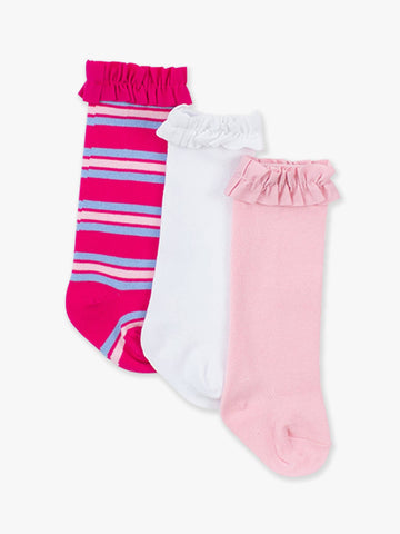 RuffleButts + RuggedButts - Girls Very Berry & Periwinkle Stripe, Pink, and White 3-Pack Knee High Ruffle Socks: Multi-Color