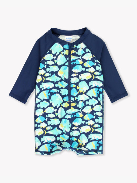 RuffleButts + RuggedButts - Baby Boys Fish Friends Long Sleeve One Piece Rash Guard Swimsuit: Navy / 6-12m