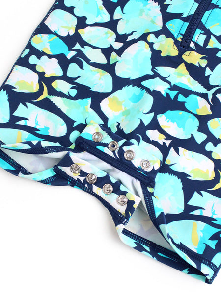 RuffleButts + RuggedButts - Baby Boys Fish Friends Long Sleeve One Piece Rash Guard Swimsuit: Navy / 12-18m