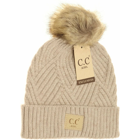 Kids Large Patch Heathered Beanie w/Fur Pom