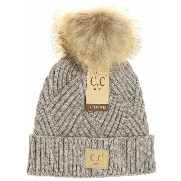 Kids Large Patch Heathered Beanie w/Fur Pom