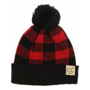 Baby Black/Red Buffalo Plaid Pom Beanie