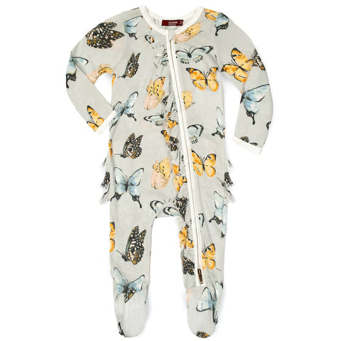 Butterfly Ruffle Zipper Footed Romper