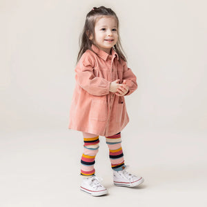 Pale Coral Corduroy Dress + Stripe Leggings