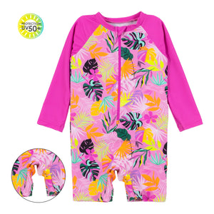 Pink Palm Leaves Rash Guard Swim Suit