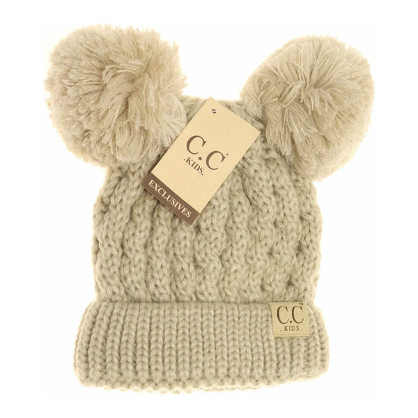 Kids Cable Knit Matching Double Poms Beanie-Beige