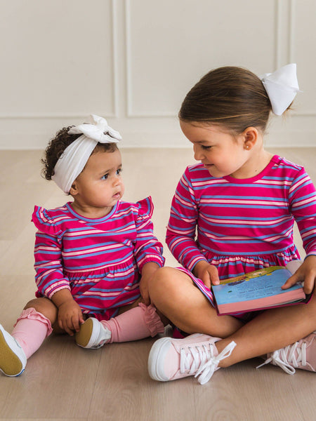 RuffleButts + RuggedButts - Girls Very Berry & Periwinkle Stripe, Pink, and White 3-Pack Knee High Ruffle Socks: Multi-Color