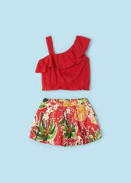 Red Off the Shoulder Top wi/ Print Shorts
