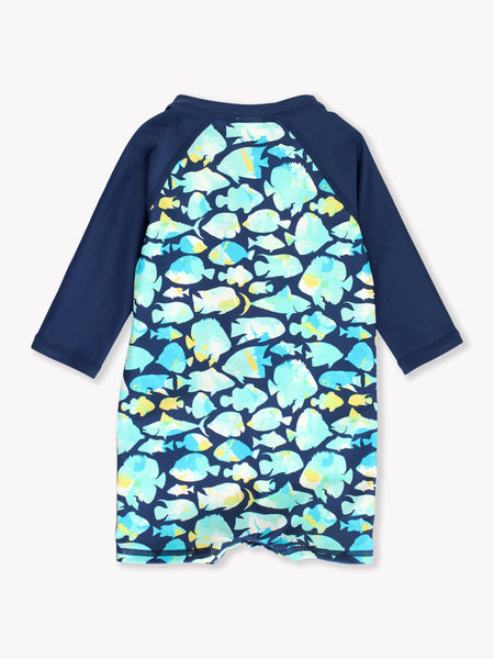 RuffleButts + RuggedButts - Baby Boys Fish Friends Long Sleeve One Piece Rash Guard Swimsuit: Navy / 12-18m