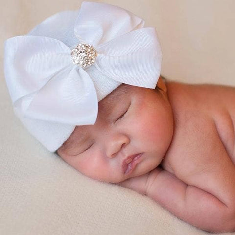 www.ilybean.com - BELLA BOW Newborn Girl Bow Hospital Hat - White / 0-3 months