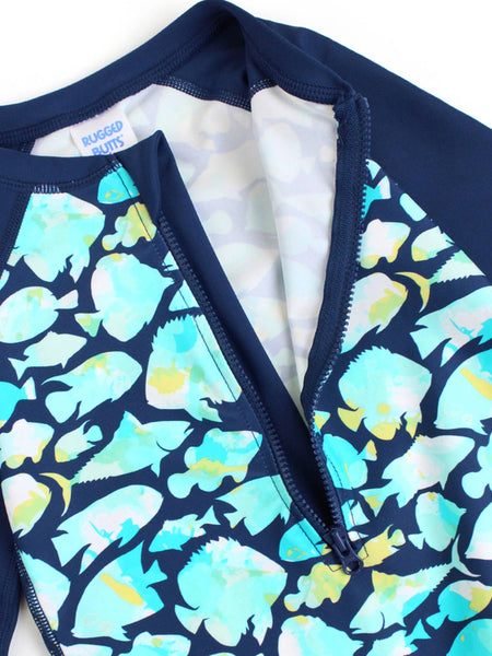 RuffleButts + RuggedButts - Baby Boys Fish Friends Long Sleeve One Piece Rash Guard Swimsuit: Navy / 12-18m