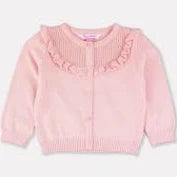 Pink Knit Ruffle Trim Cardigan Sweater