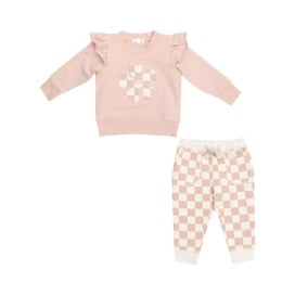 Pink Checkerboard French Terry Jog Set