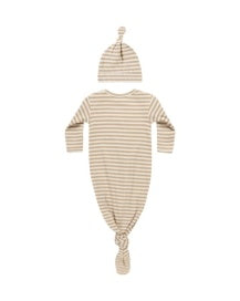 Latte Stripe Knotted Gown + Hat Set